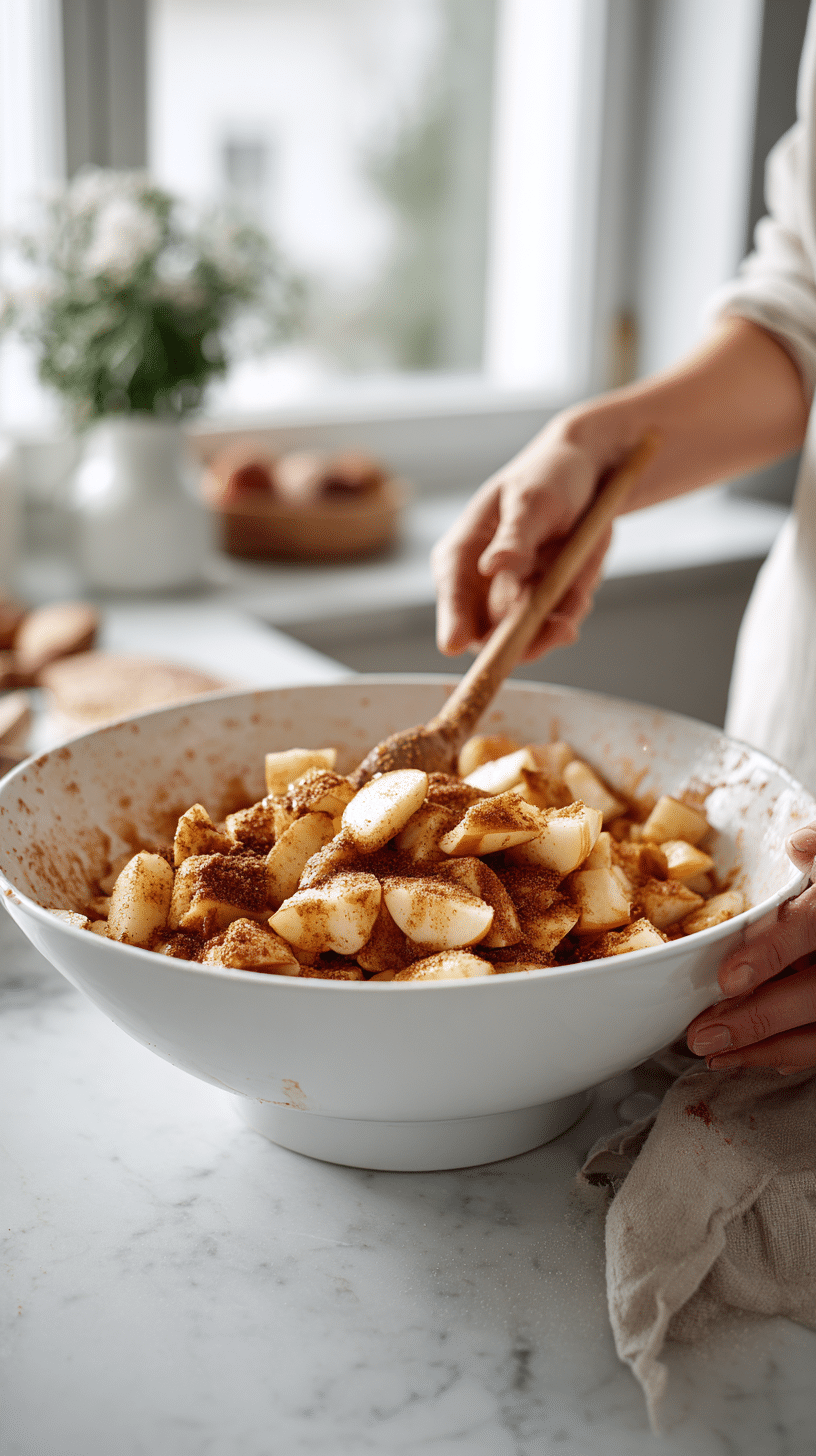 Mixing apples with brown sugar and cinnamon for Amish Apple Fritter Bread