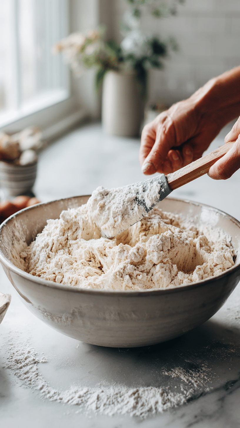 Folding dry ingredients into wet mixture for Amish Apple Fritter Bread