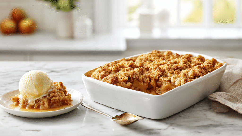 Apple Dump Cake hero shot showing golden, bubbling cake with cinnamon apples and vanilla ice cream