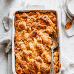 Apple Dump Cake top-down view in baking dish, golden and rustic