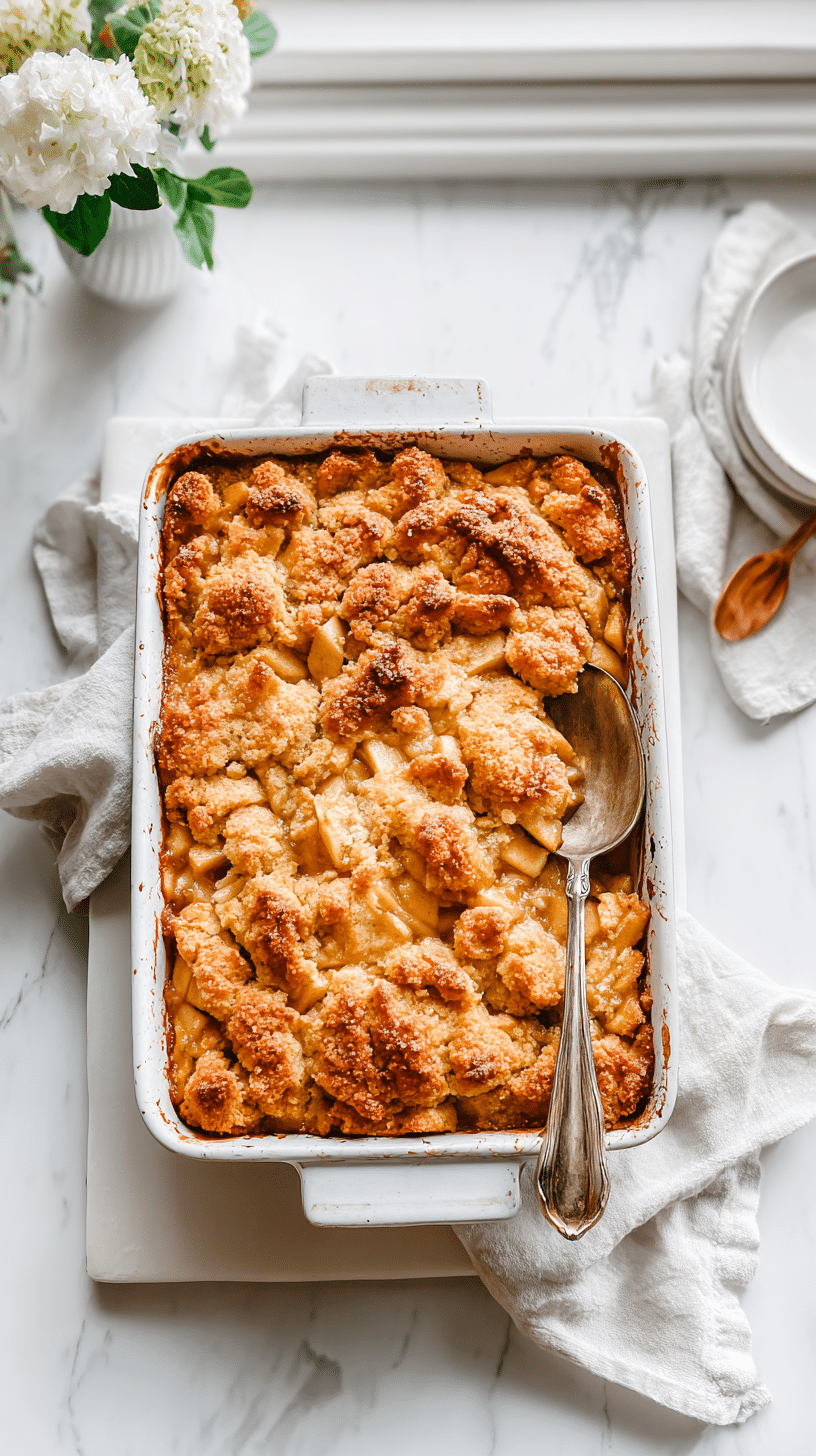 Apple Dump Cake top-down view in baking dish, golden and rustic