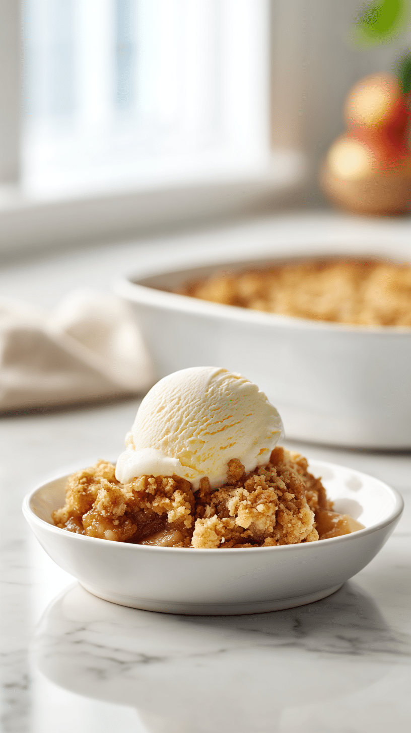 Apple Dump Cake served warm with vanilla ice cream melting on top