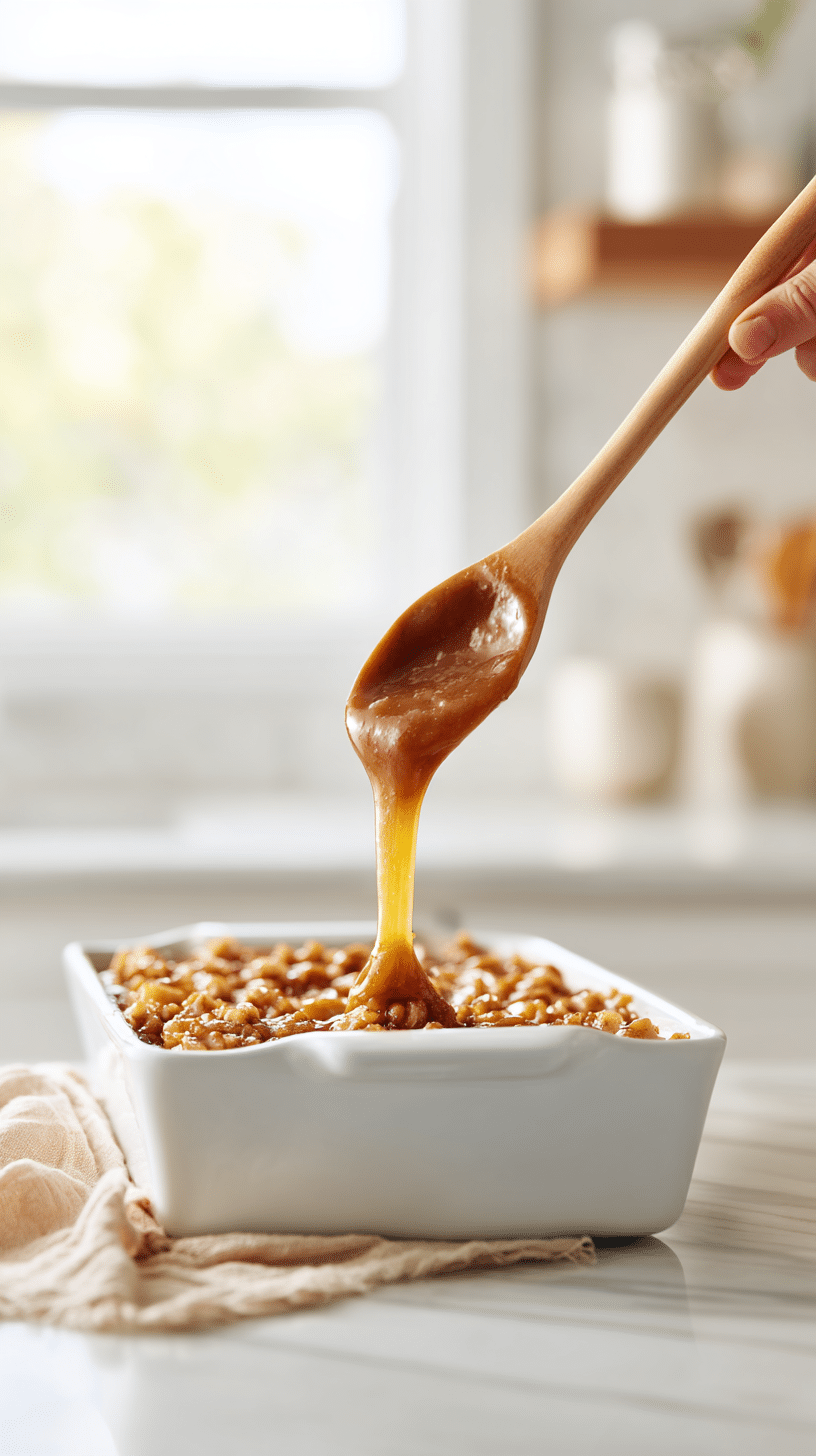 Apple Dump Cake step 1: spreading apple pie filling in baking dish