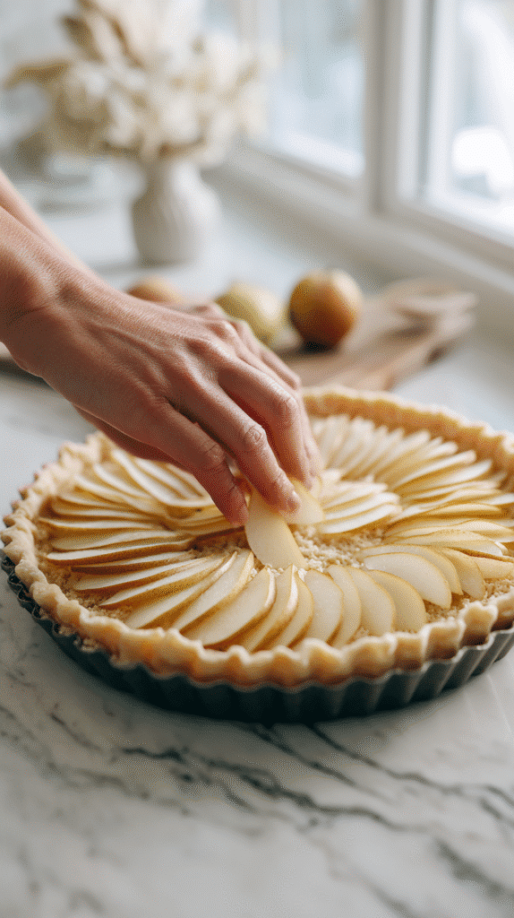arranging sliced pears on almond tart filling