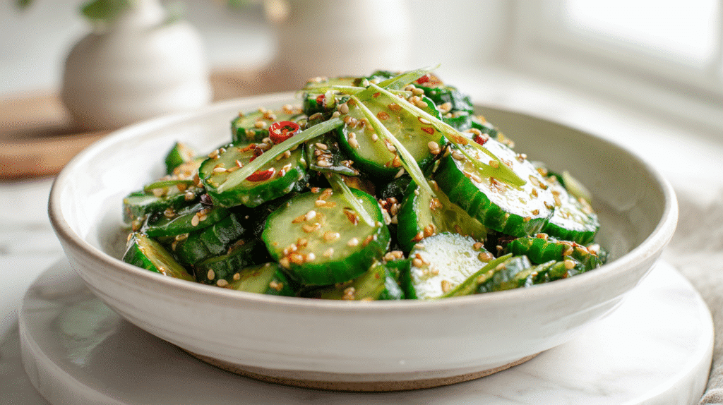 Asian Cucumber Salad hero shot in a white bowl with scallions, sesame seeds, and chili, styled on a marble countertop