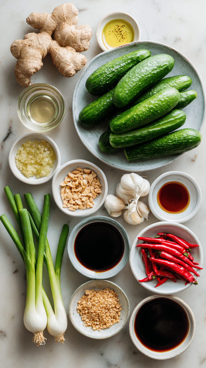 Ingredients for Asian Cucumber Salad arranged on marble countertop in natural light