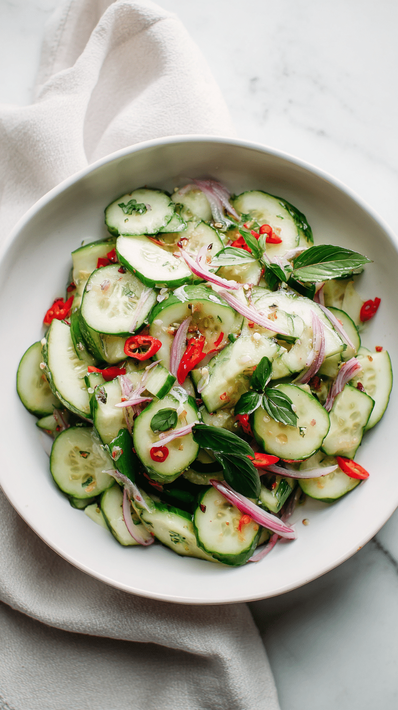 Asian Cucumber Salad top-down view in a white bowl for recipe card