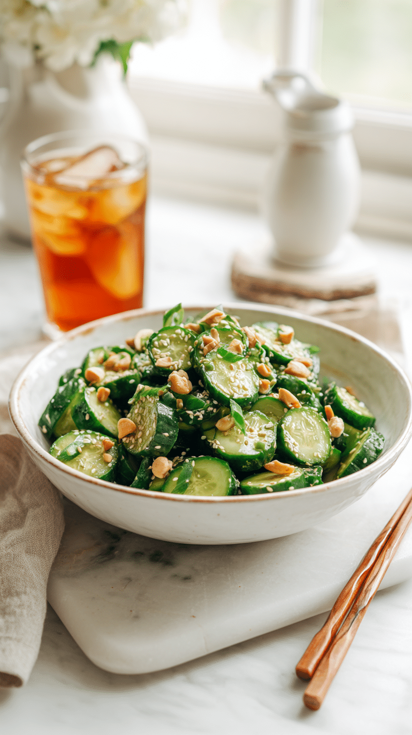 Asian Cucumber Salad served in a white bowl with scallions and sesame seeds