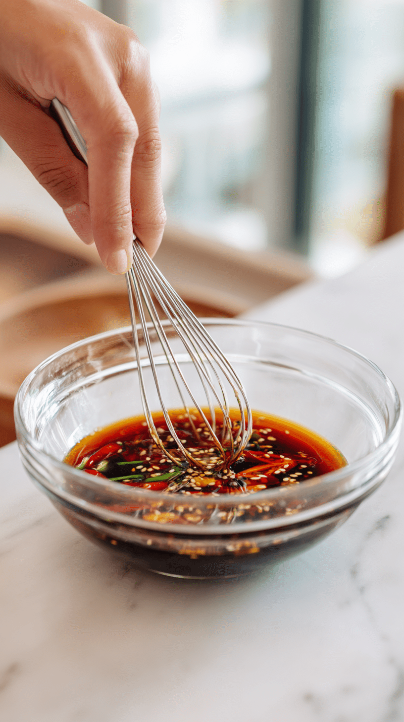 Asian Cucumber Salad step 3: whisking dressing ingredients in a glass bowl