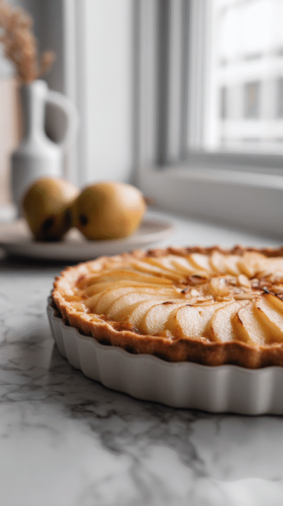 baked pear and almond tart fresh from oven