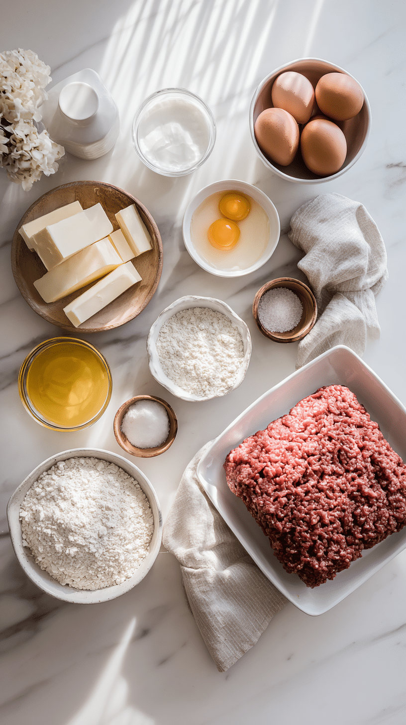 Best Meatloaf Recipes ingredients arranged on marble countertop
