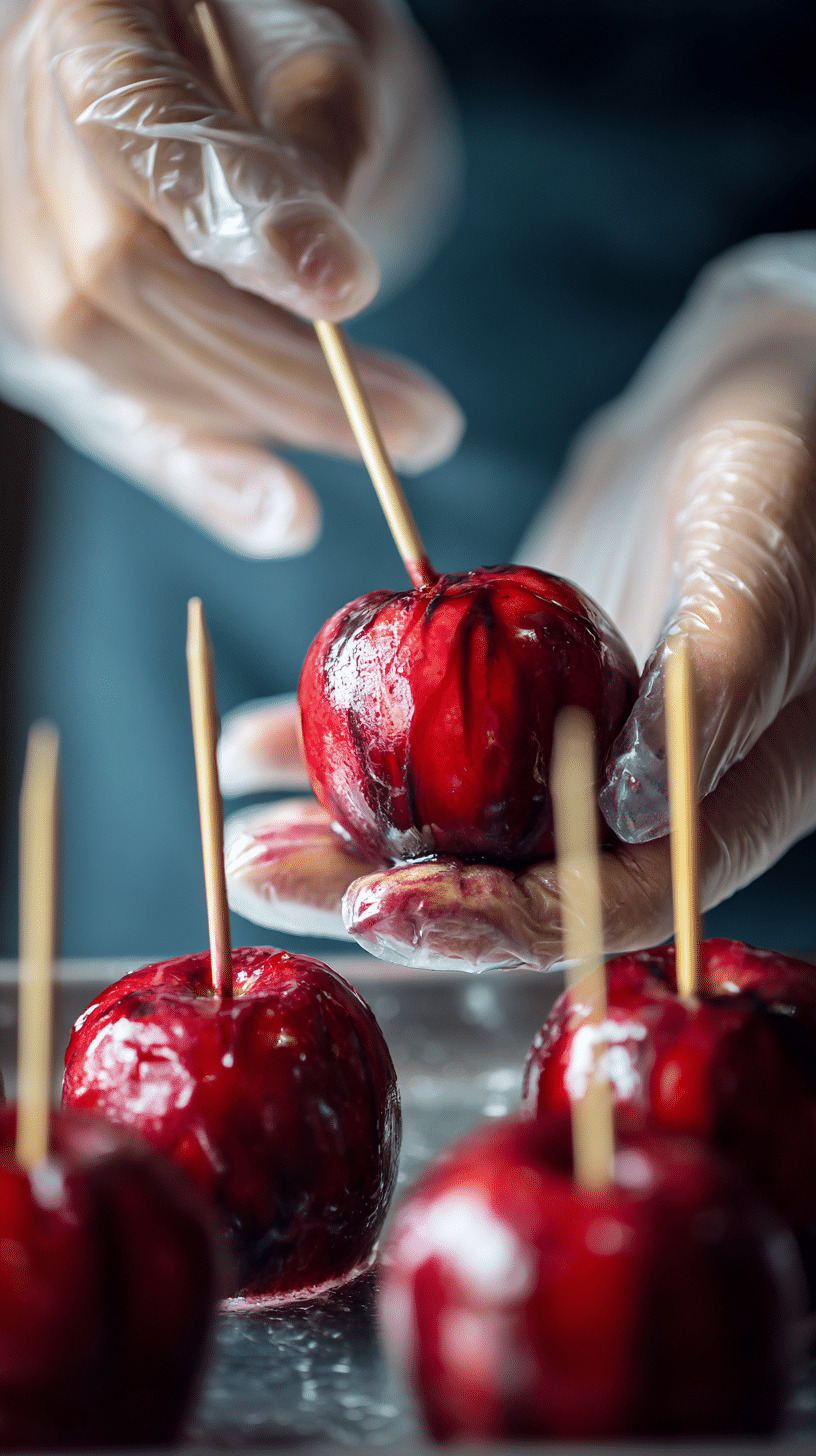 Preparing Black Swirl 'Poison' Candy Apples step by step cooking process