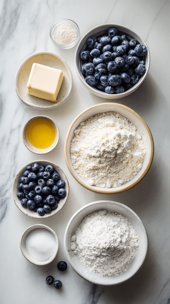 blueberry cake donuts ingredients on marble counter