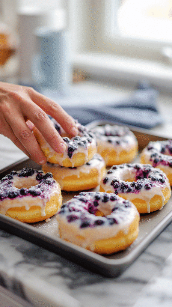 blueberry cake donuts just baked in pan