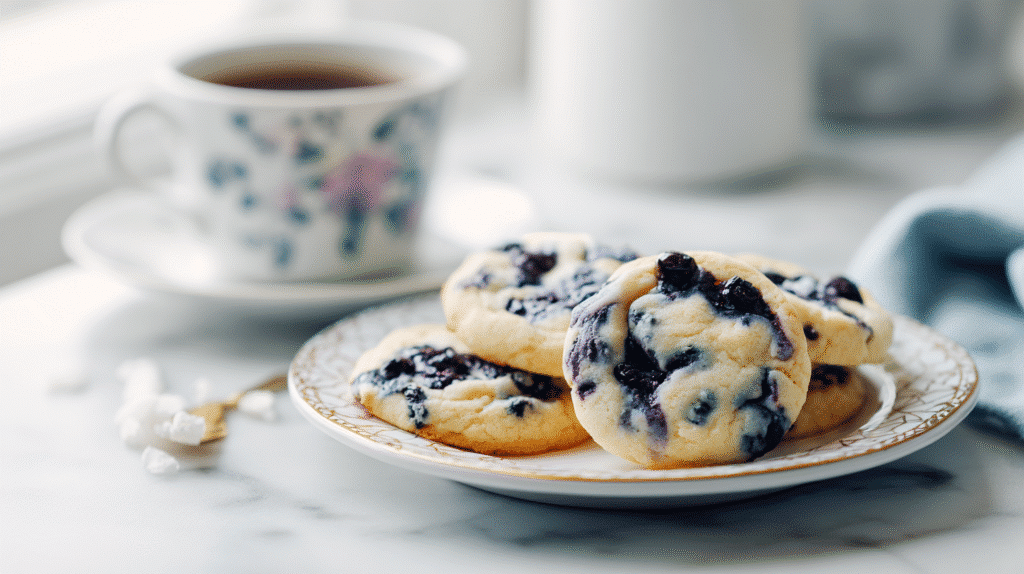 Blueberry Cheesecake Swirl Cookies finished dish on elegant plate