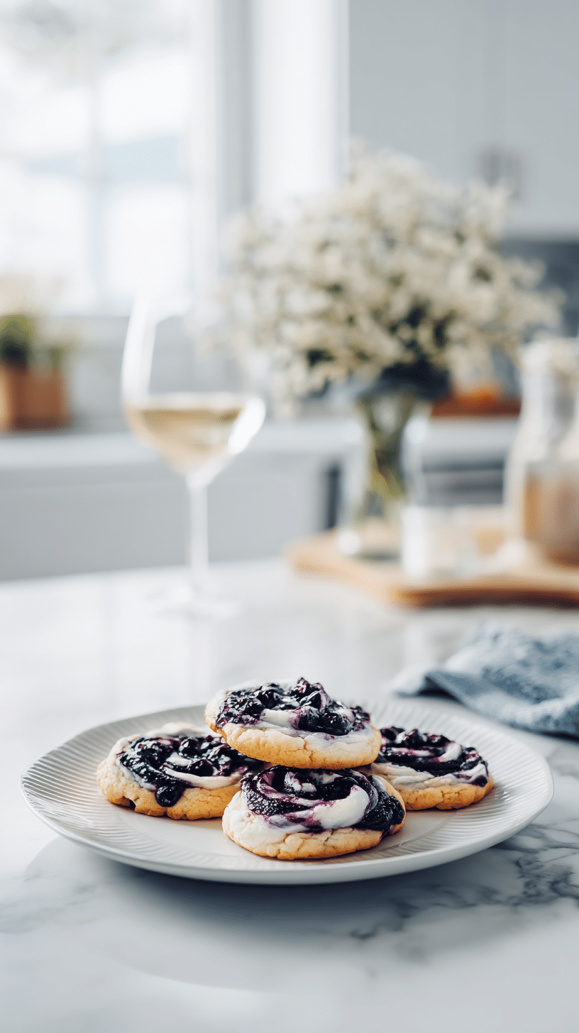 Blueberry Cheesecake Swirl Cookies being served on beautiful dinnerware