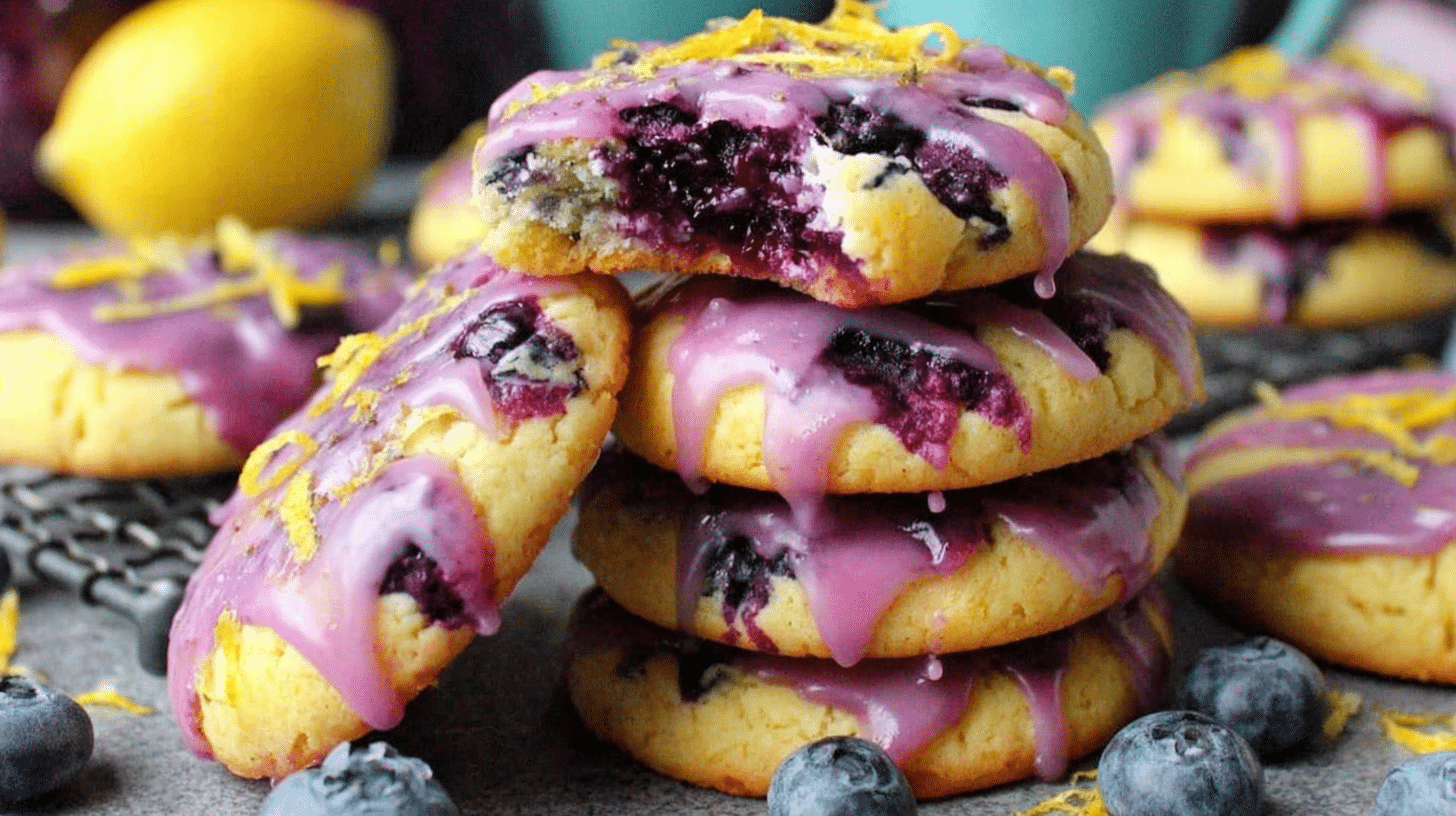 Blueberry Lemon Heaven Cookies with golden edges and lemon glaze