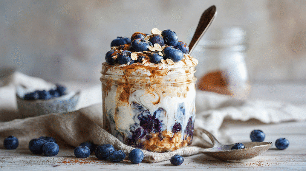 Blueberry Pie Overnight Oats hero shot with layered oats, Greek yogurt, and fresh blueberries in a glass jar