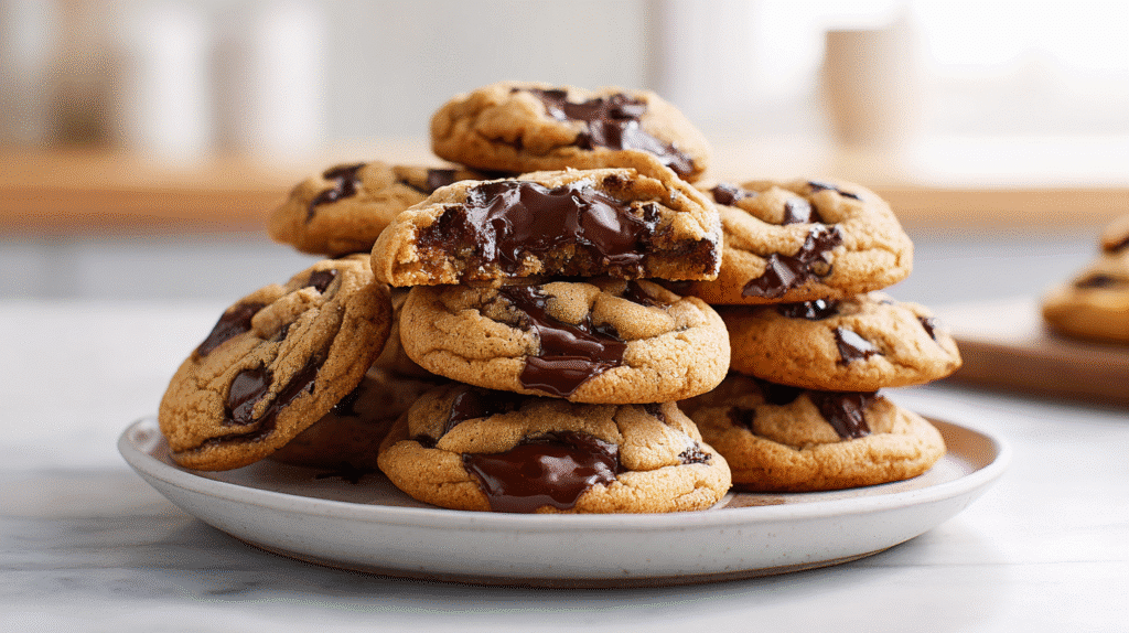 Brown butter chocolate chip cookies stacked on a white plate with gooey chocolate and golden edges
