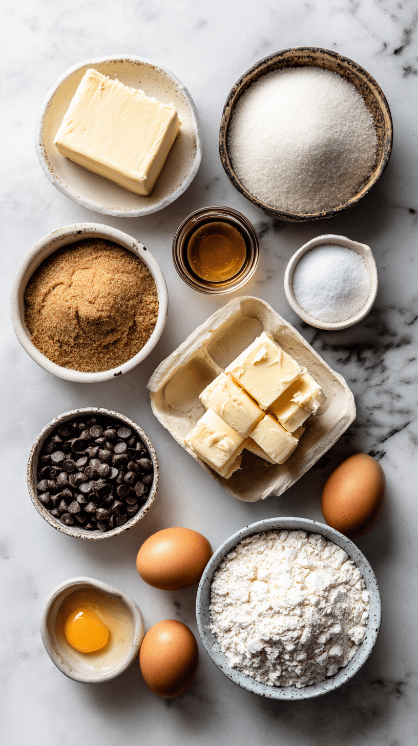 Ingredients for brown butter chocolate chip cookies arranged on marble countertop