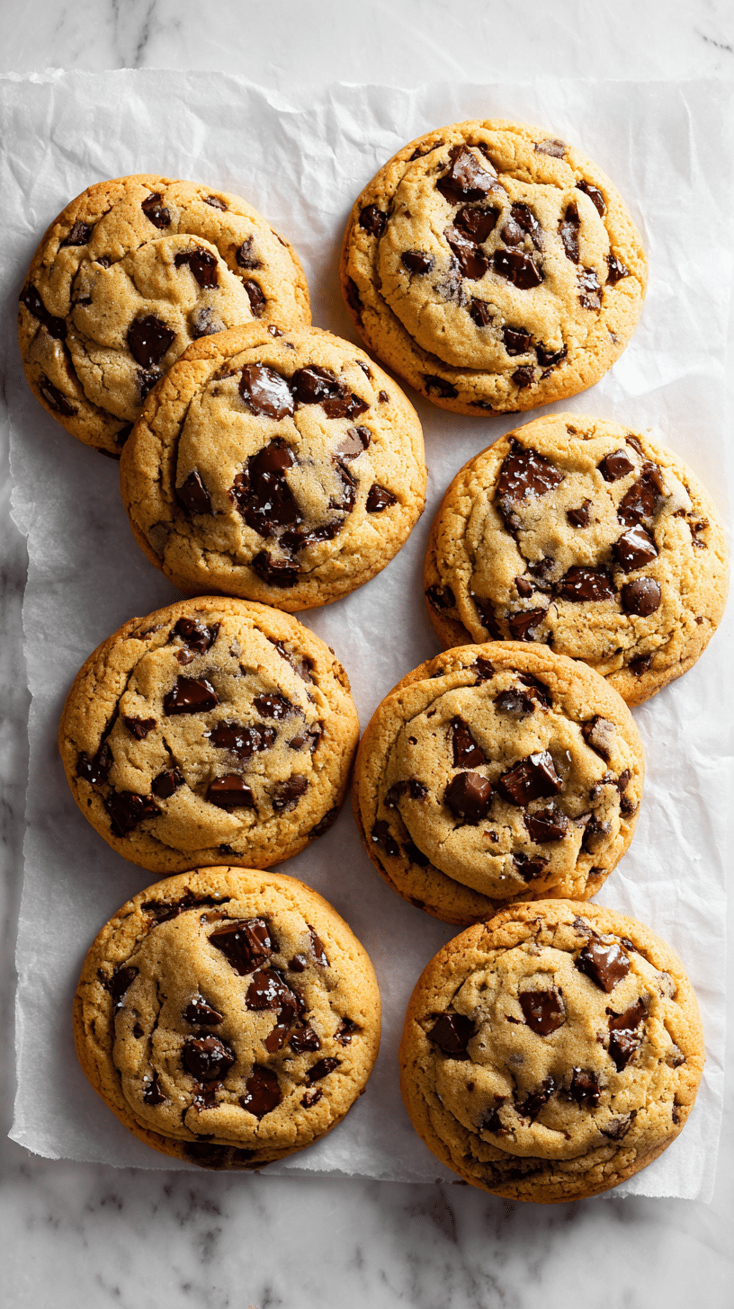 Top-down view of brown butter chocolate chip cookies on parchment paper