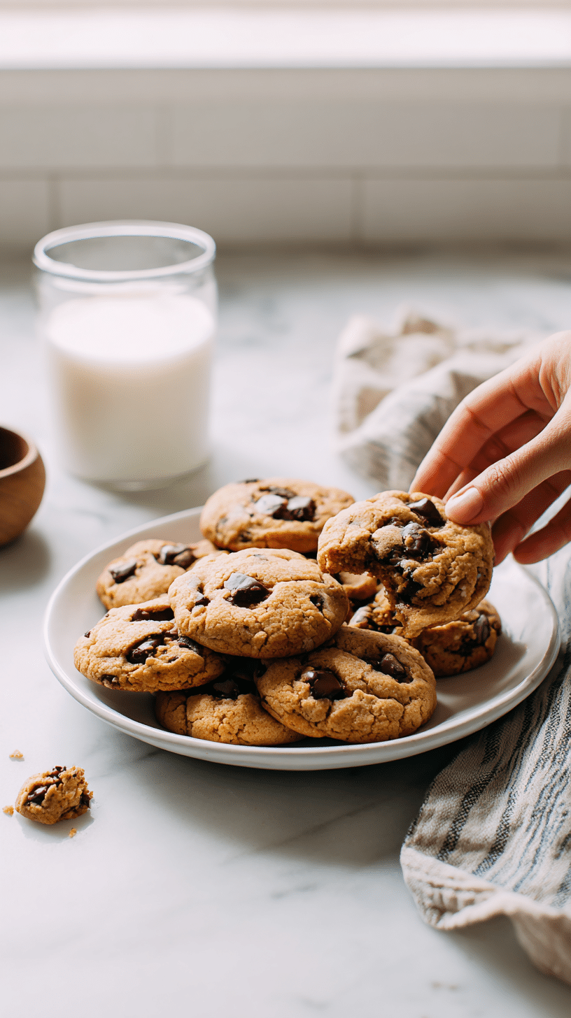 Serving brown butter chocolate chip cookies with milk on a marble countertop