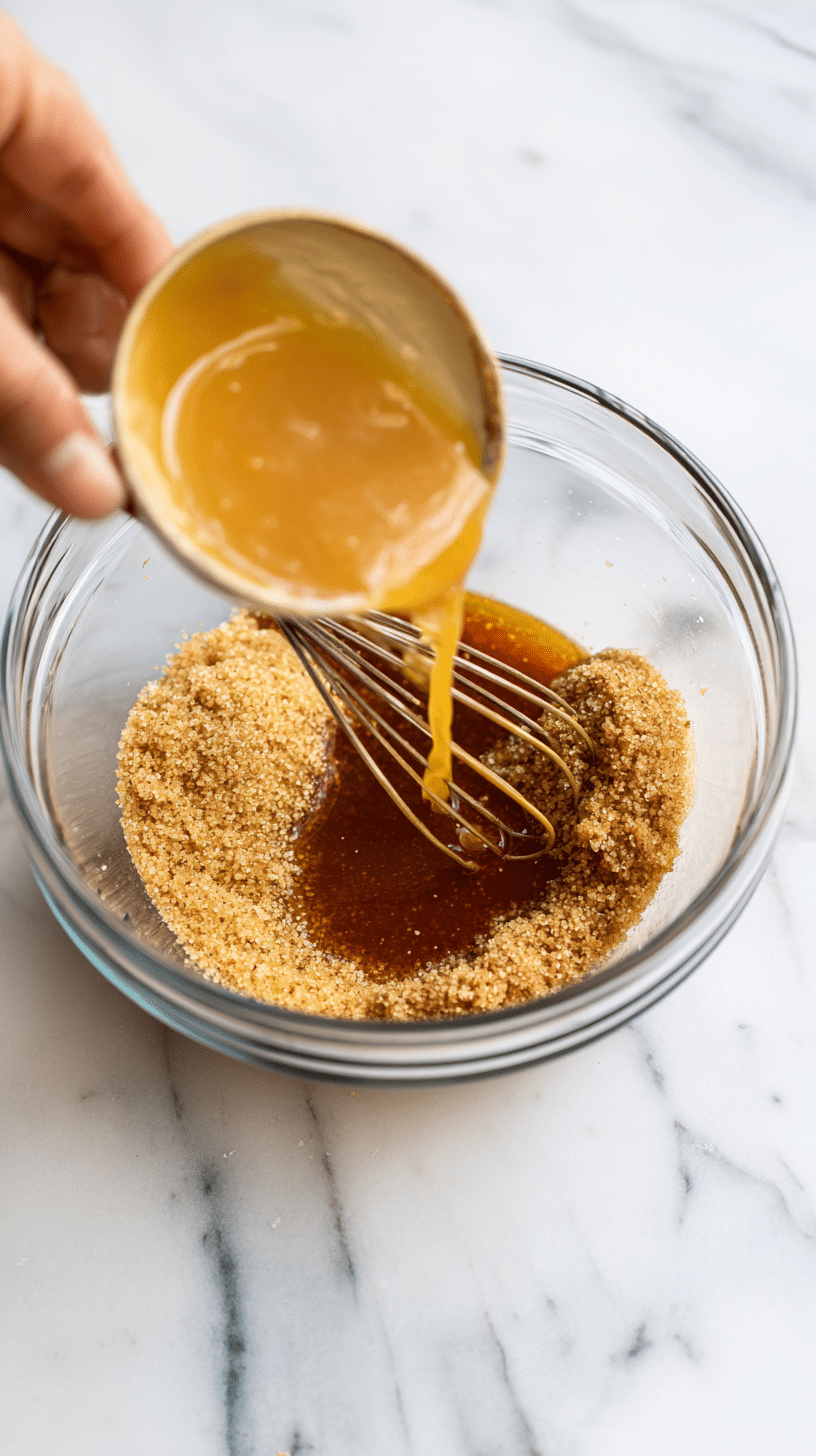 Mixing brown butter and sugars for brown butter chocolate chip cookies in a glass bowl
