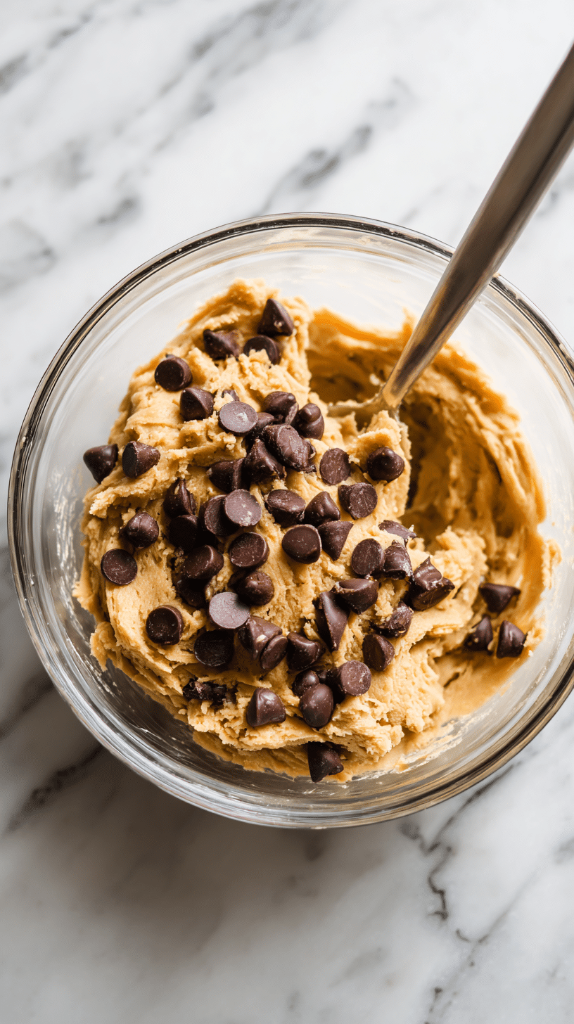 Folding chocolate chips into dough for brown butter chocolate chip cookies