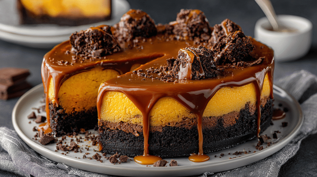 Hero shot of Caramel Brownie Cheesecake with rich layers and caramel drizzle