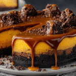 Hero shot of Caramel Brownie Cheesecake with rich layers and caramel drizzle