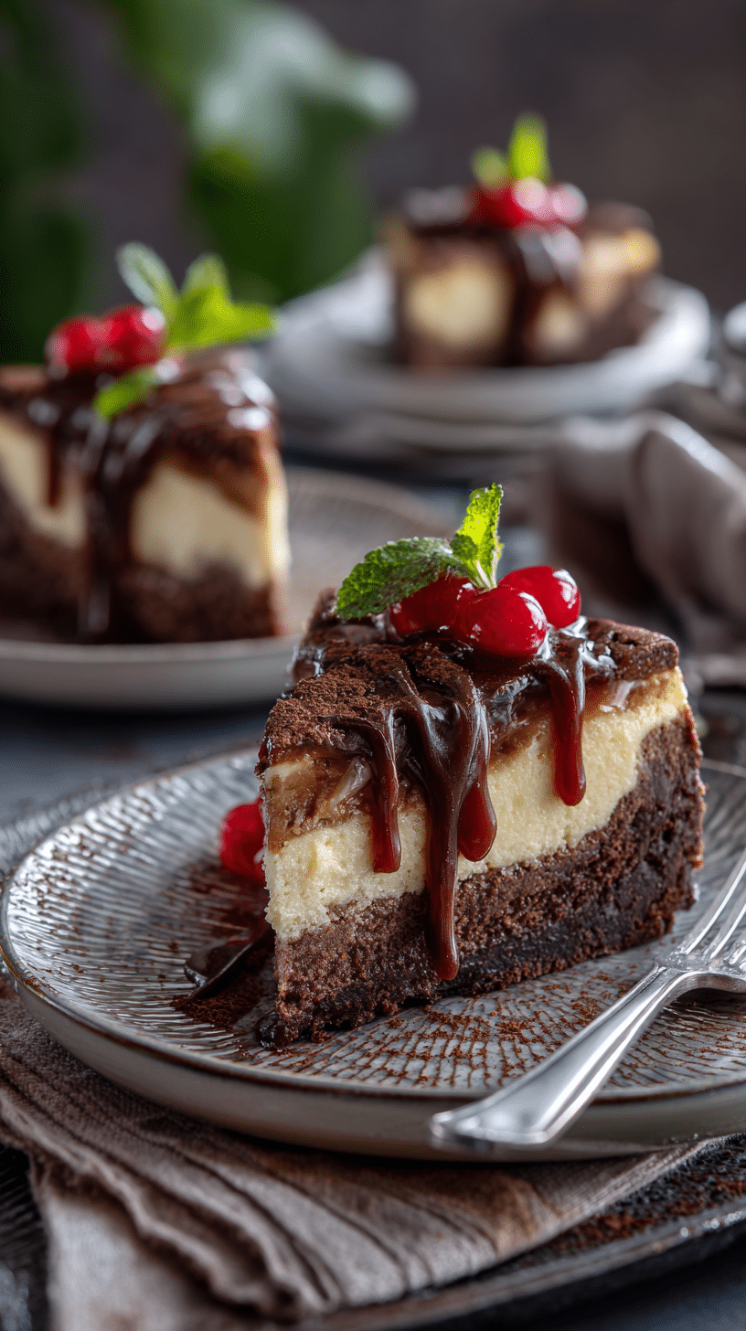 Caramel Brownie Cheesecake being served on beautiful dinnerware