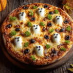 Cemetery Flatbread Pizza Recipe hero shot with mozzarella ghosts and black olive gravestones