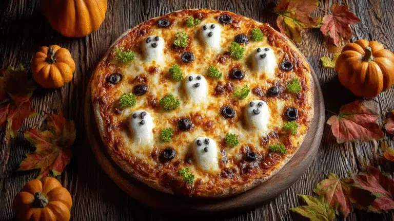 Cemetery Flatbread Pizza Recipe hero shot with mozzarella ghosts and black olive gravestones