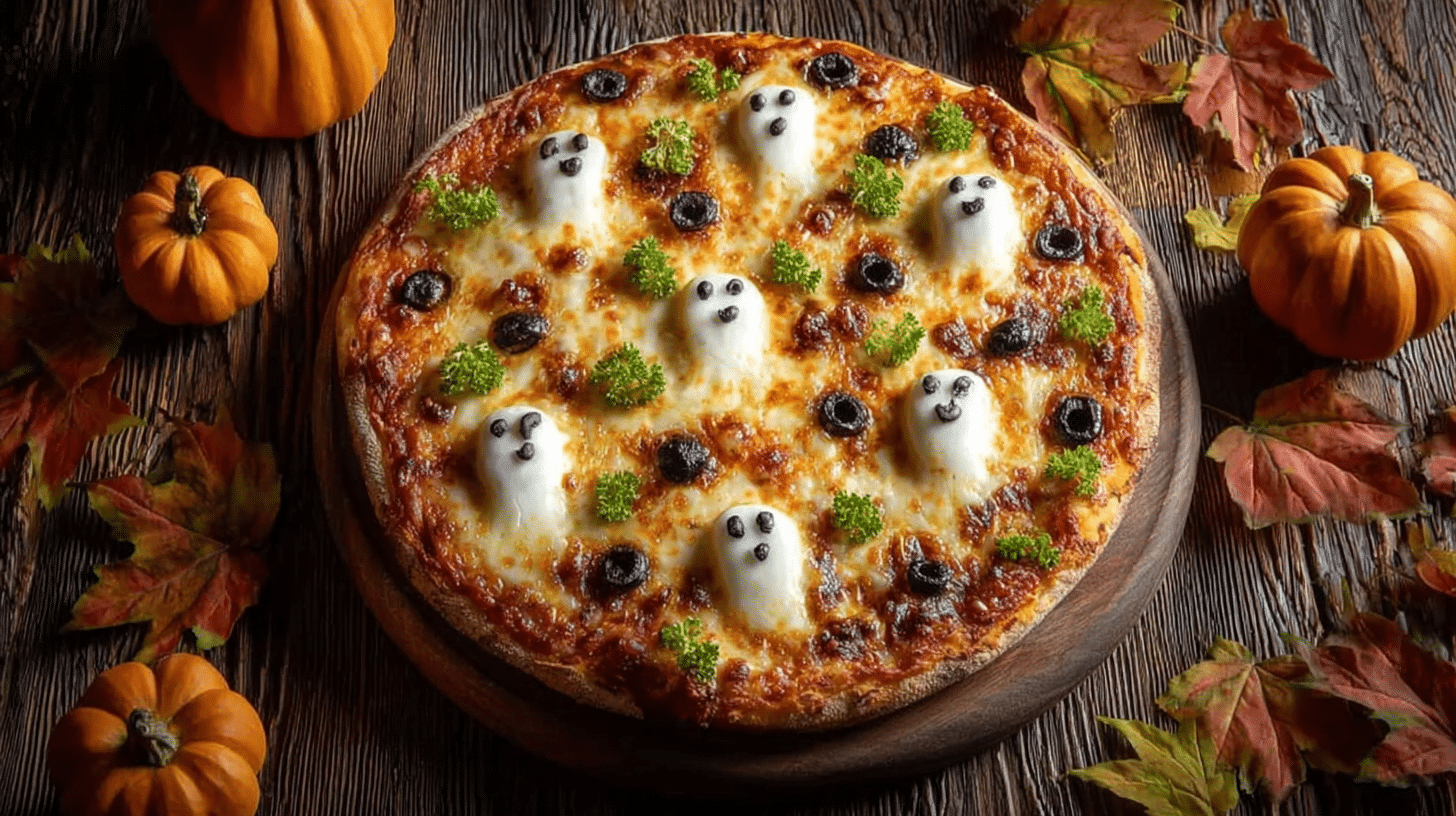 Cemetery Flatbread Pizza Recipe hero shot with mozzarella ghosts and black olive gravestones