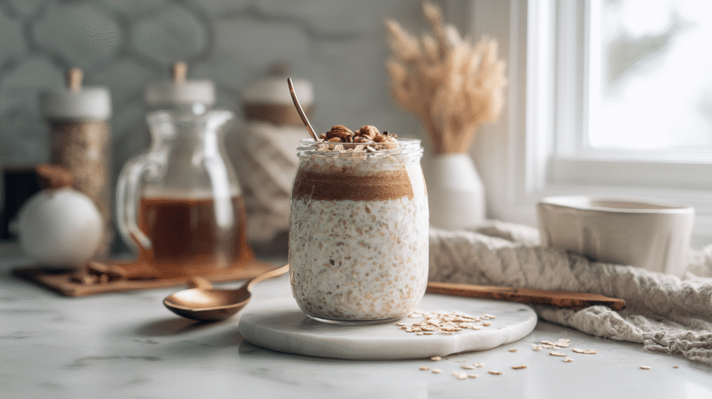 Chai Spiced Overnight Oats finished dish on elegant plate