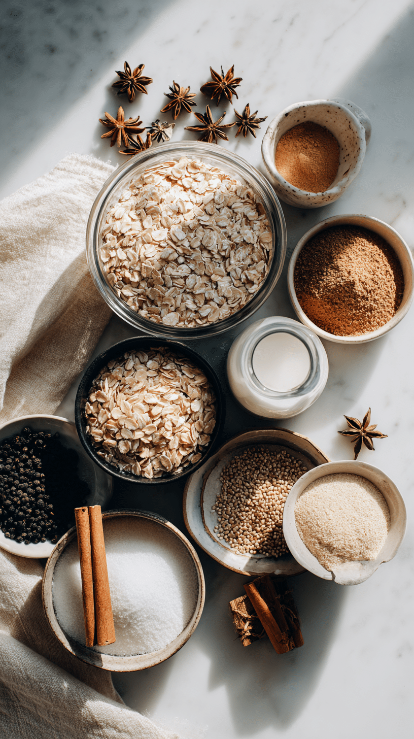 Chai Spiced Overnight Oats ingredients arranged on marble countertop