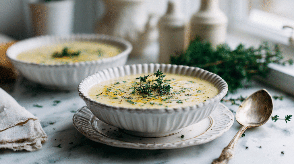 Cheddar Garlic Herb Potato Soup finished dish on elegant plate