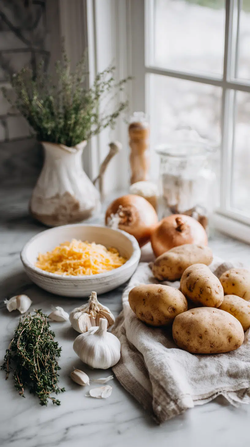 Cheddar Garlic Herb Potato Soup ingredients arranged on marble countertop