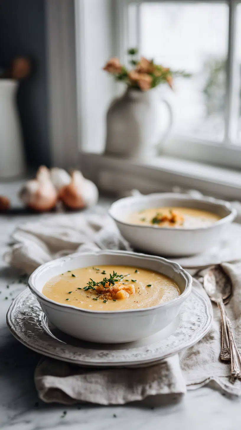 Cheddar Garlic Herb Potato Soup being served on beautiful dinnerware