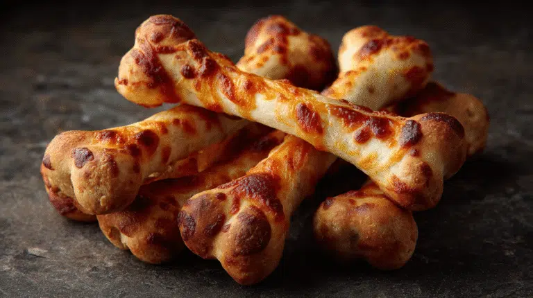 Hero shot of Cheesy Halloween Breadstick Bones with marinara sauce