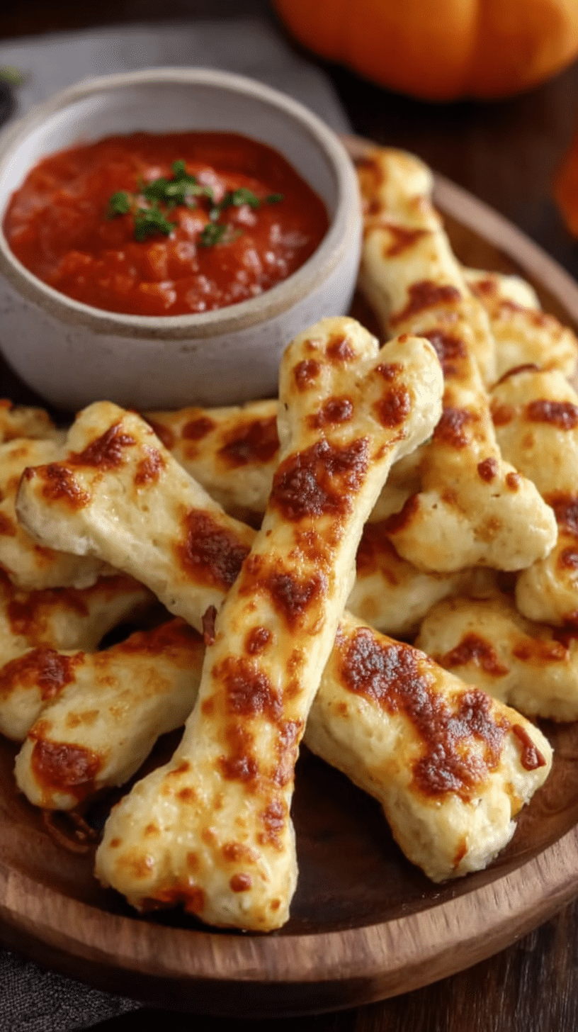 Cheesy Halloween Breadstick Bones being served on beautiful dinnerware
