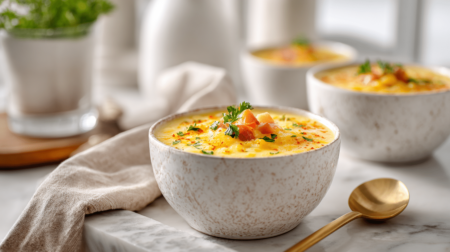 Cheesy Ham Chowde finished dish on elegant plate