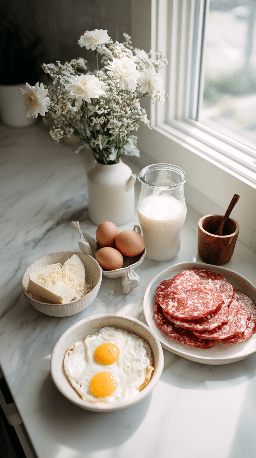 Cheesy Ham Chowde ingredients arranged on marble countertop