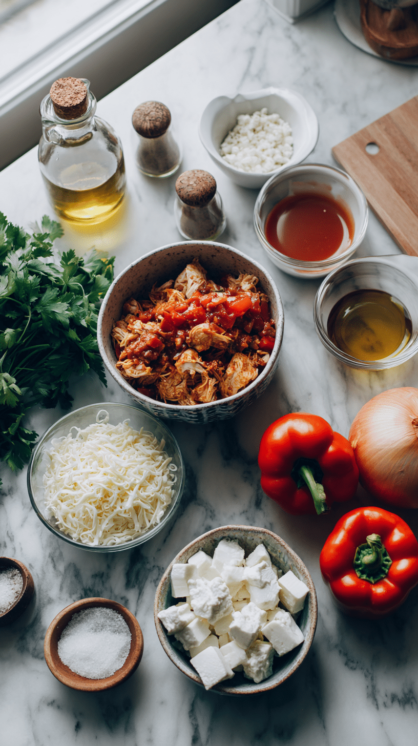 Chicken Enchilada Crock Pot Meal ingredients arranged on marble countertop