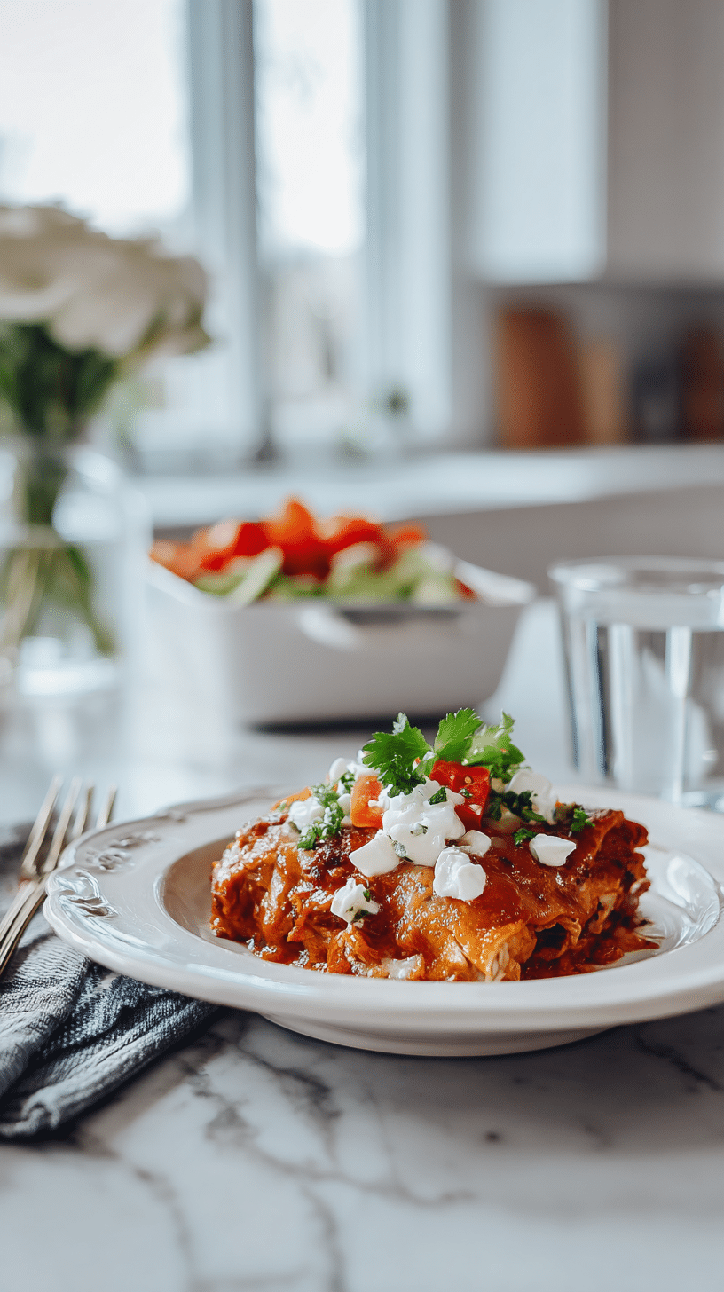 Chicken Enchilada Crock Pot Meal being served on beautiful dinnerware