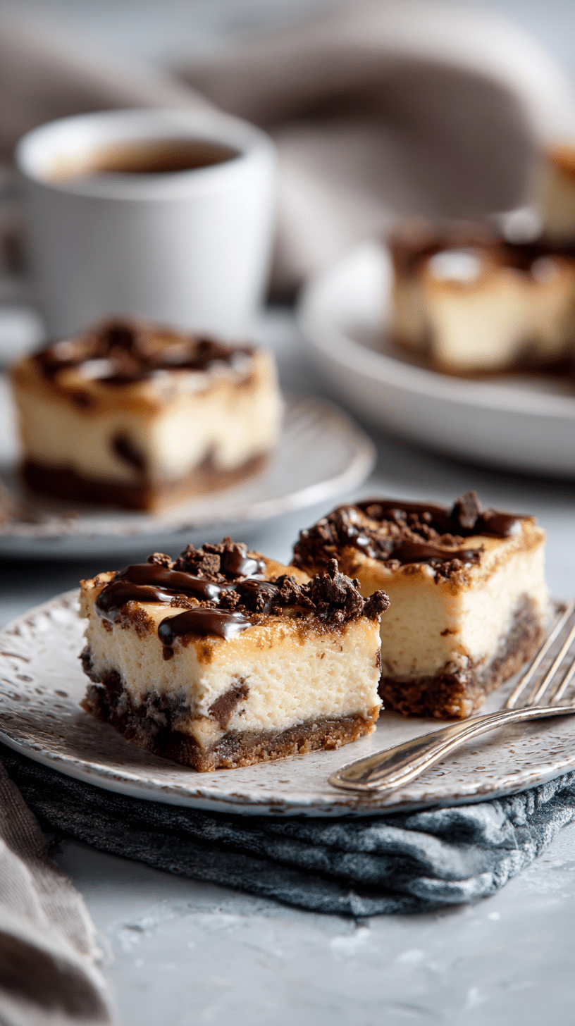 Chocolate chip cheesecake bars being served on beautiful dinnerware