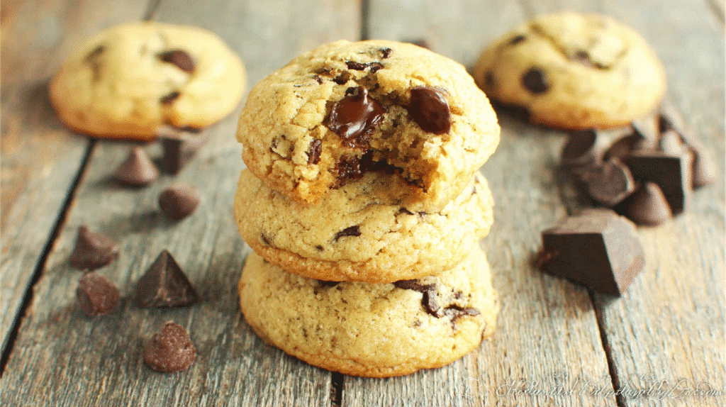 Hero shot of Chocolate Chip Cheesecake Cookies with melting chocolate chips
