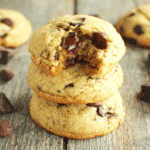 Hero shot of Chocolate Chip Cheesecake Cookies with melting chocolate chips