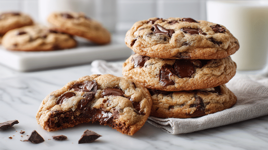 Chocolate Chip Cookie hero shot with gooey centers and golden edges on marble countertop