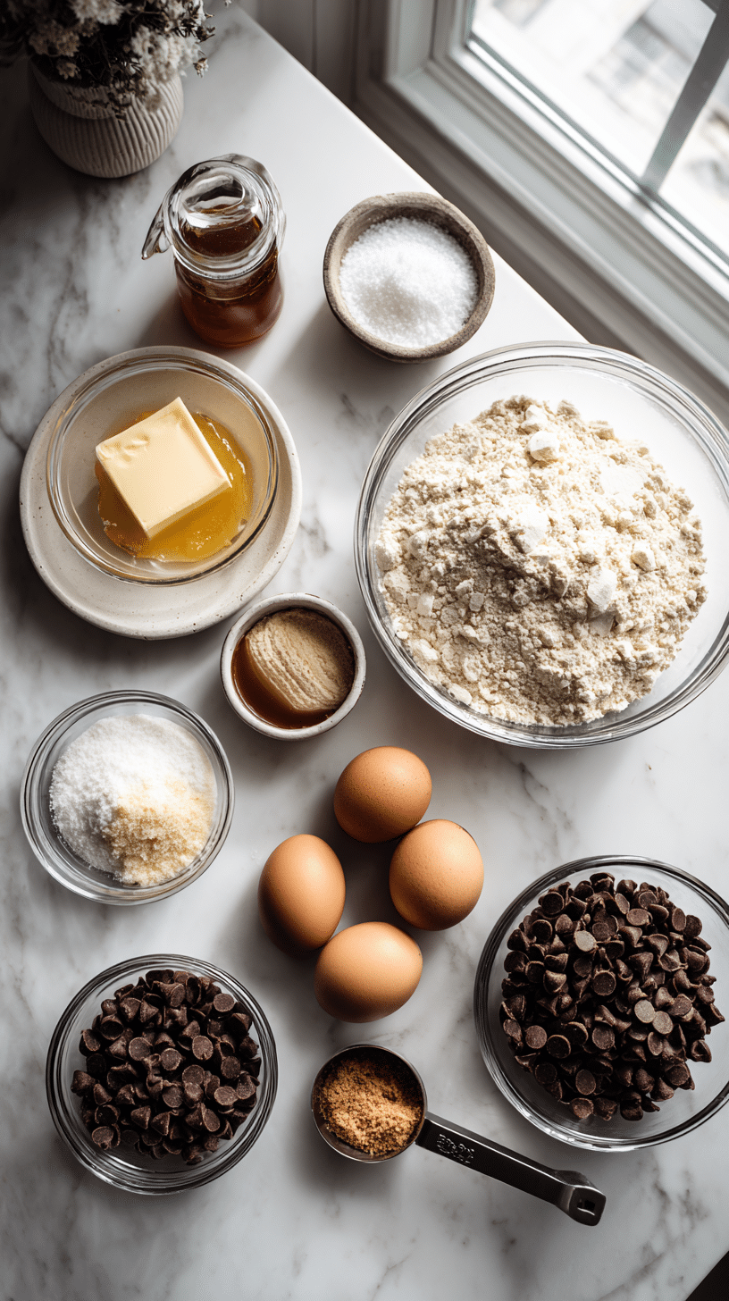Ingredients for Chocolate Chip Cookie arranged on marble countertop